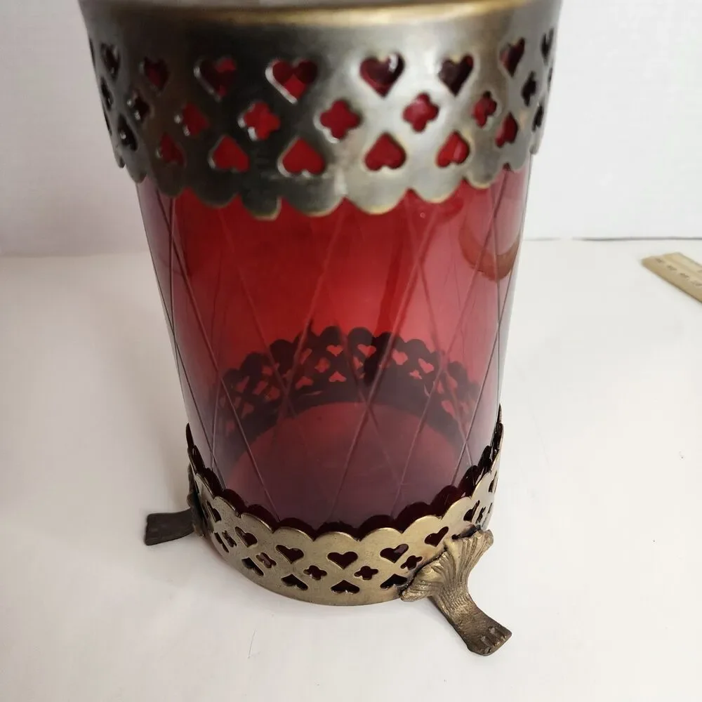 Vintage Bohemian Footed Ruby Red Diamond Cut w/Brass  Trim 7